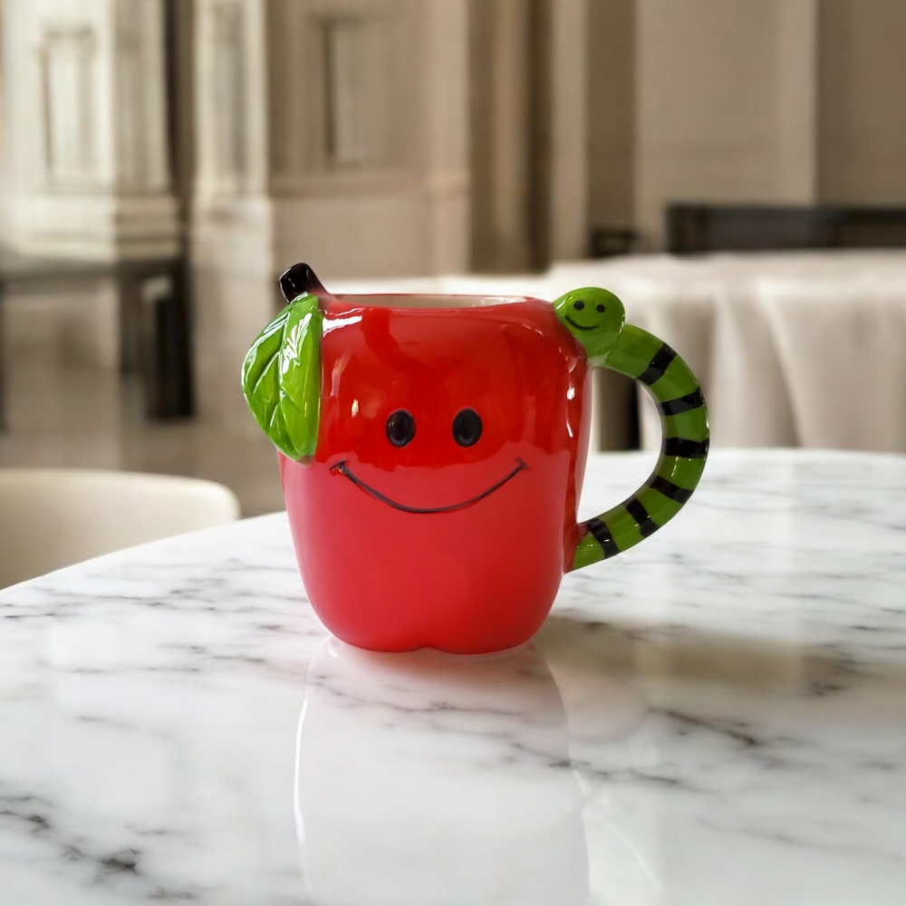 Red Apple Mug with Worm Handle